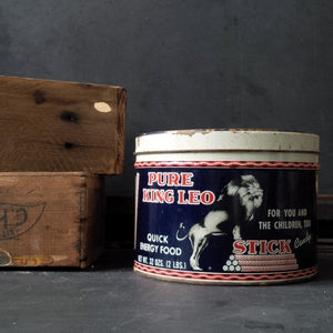 Vintage 1950s Candy Tin - Pure King Leo Stick Candy for Quick Energy - Made by Standard Candy Company - Nashville