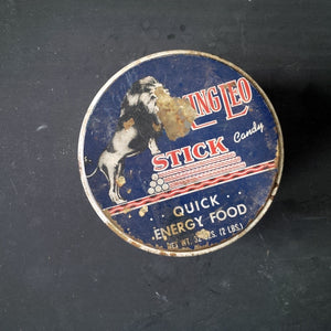 Vintage 1950s Candy Tin - Pure King Leo Stick Candy for Quick Energy - Made by Standard Candy Company - Nashville