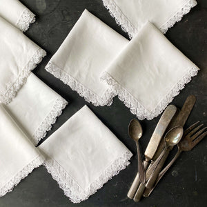 Vintage White Linen Napkins with Crocheted Lace Edge - Set of 8 - 13x13 Hors D'oeuvres Size