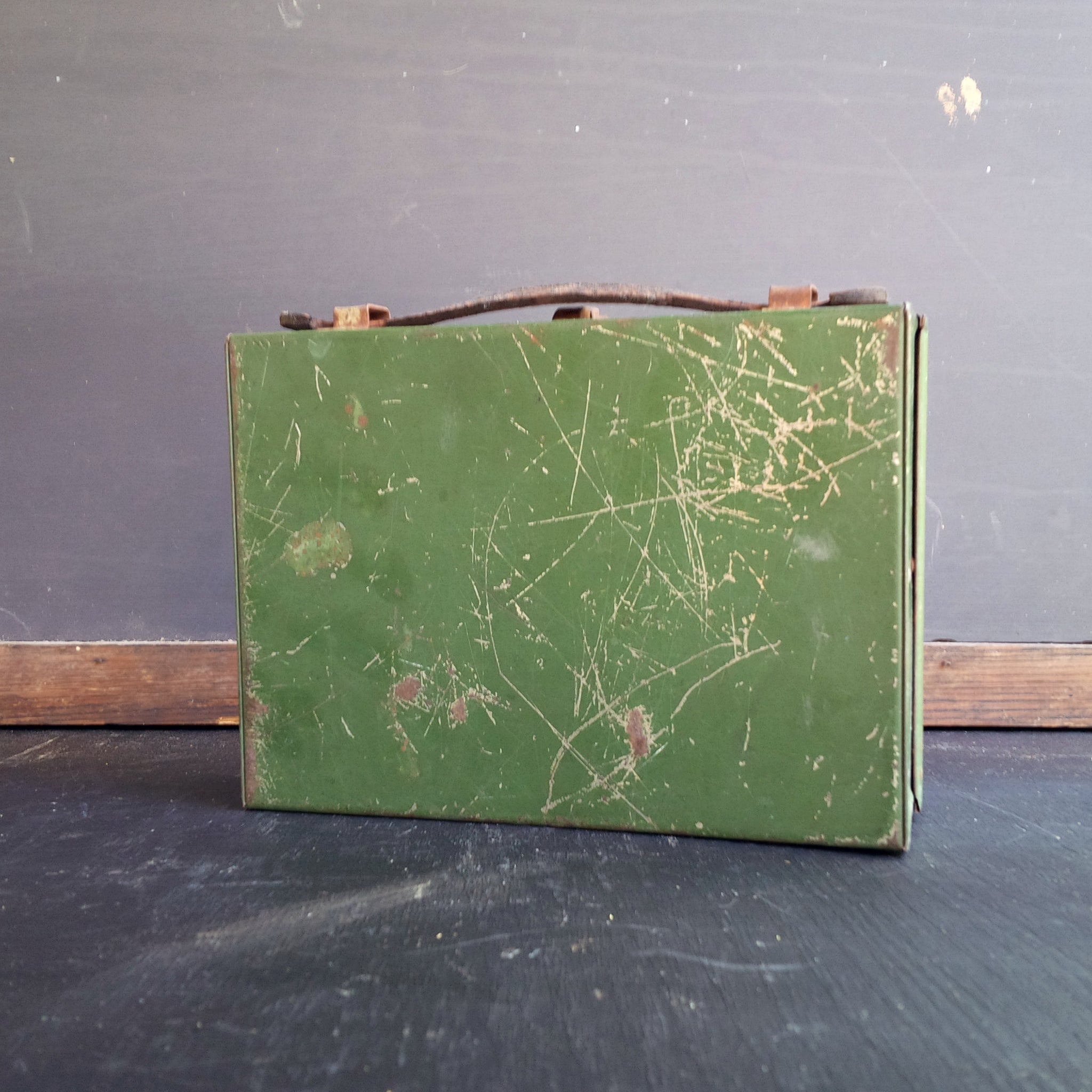 Vintage Metal Lunch Box - 1920's Sectioned Box - Chippy Green and Gold with Leather Handle