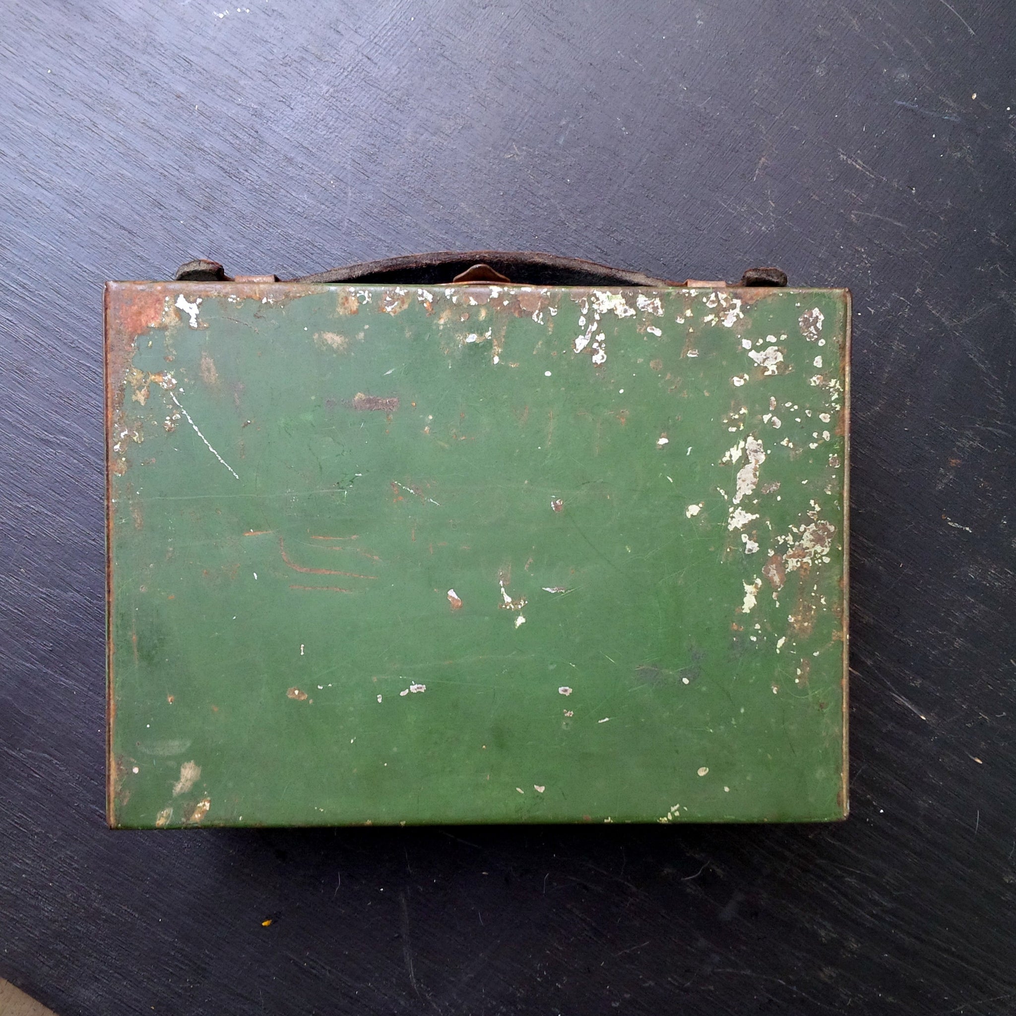 Vintage Metal Lunch Box - 1920's Sectioned Box - Chippy Green and Gold with Leather Handle