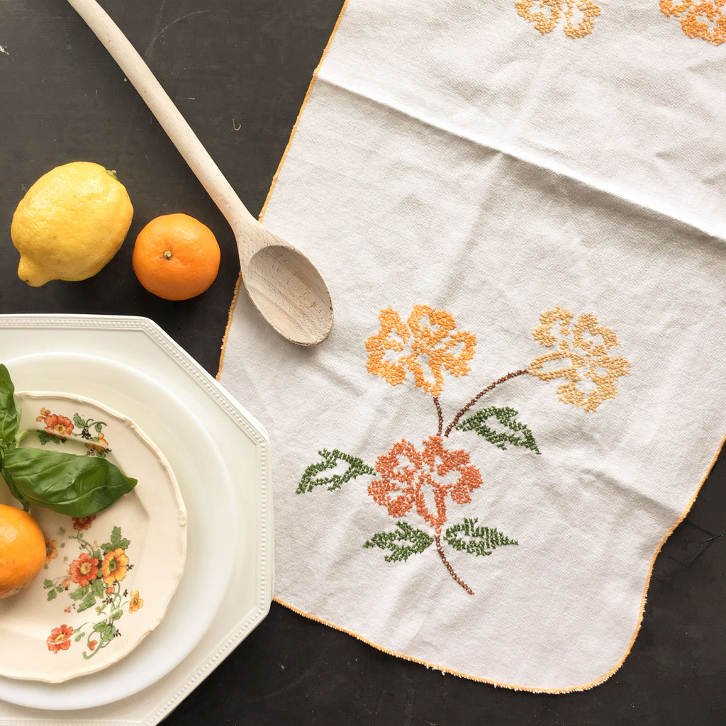 Vintage Embroidered Kitchen Linen - Marigold Flowers - Cross Stitch Embroidery