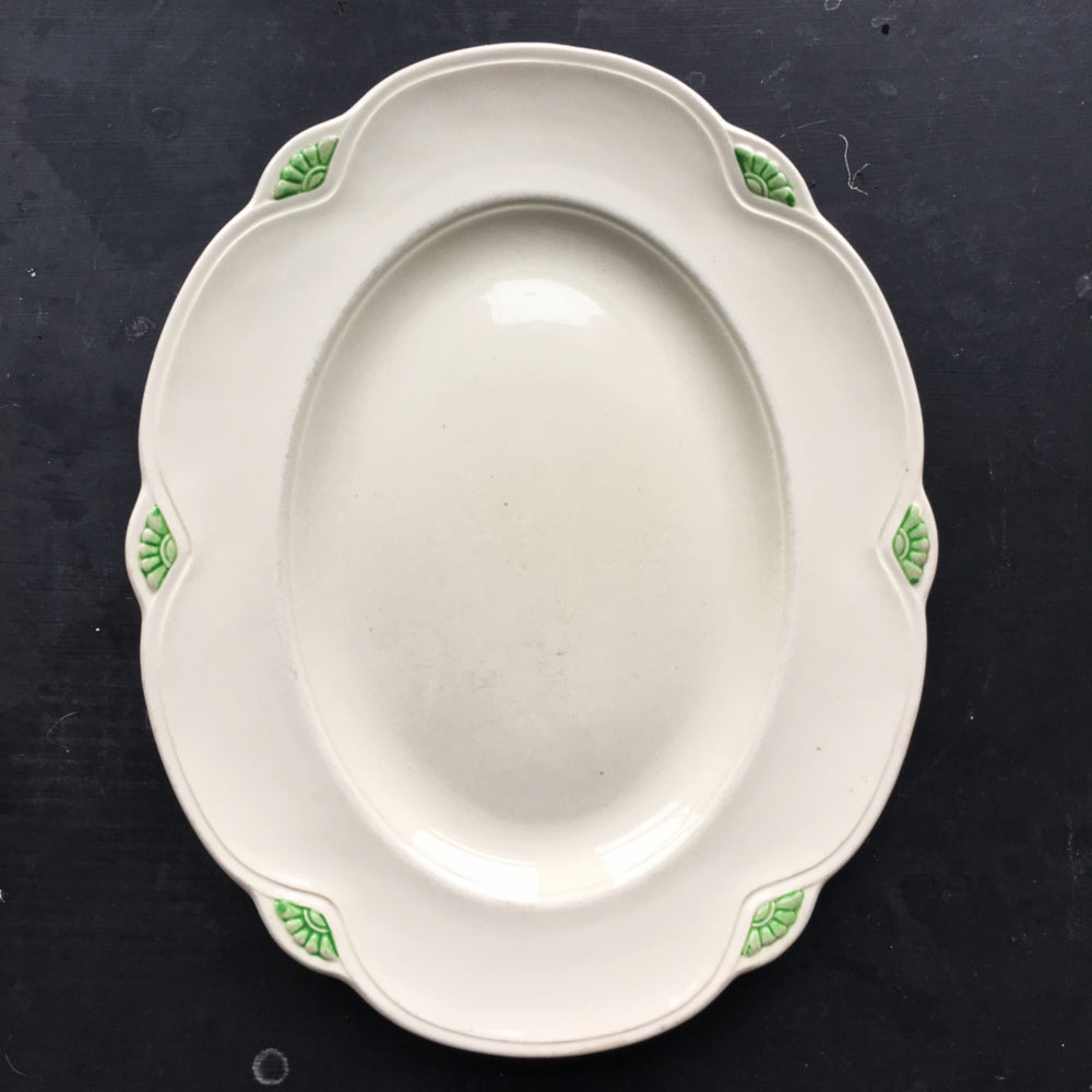 1930s Homer Laughlin Marigold Shape Platter - Rare Rosenau Pattern- Art Deco Green and Ivory Underglaze Fan Design