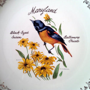 Vintage Maryland Souvenir Plate - Baltimore Oriole Bird and Black Eyed Susan Flowers circa 1960s