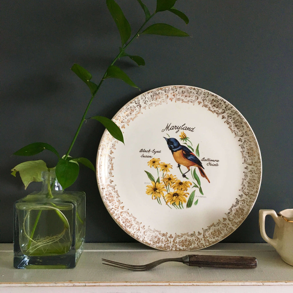 Vintage Maryland Souvenir Plate - Baltimore Oriole Bird and Black Eyed Susan Flowers circa 1960s