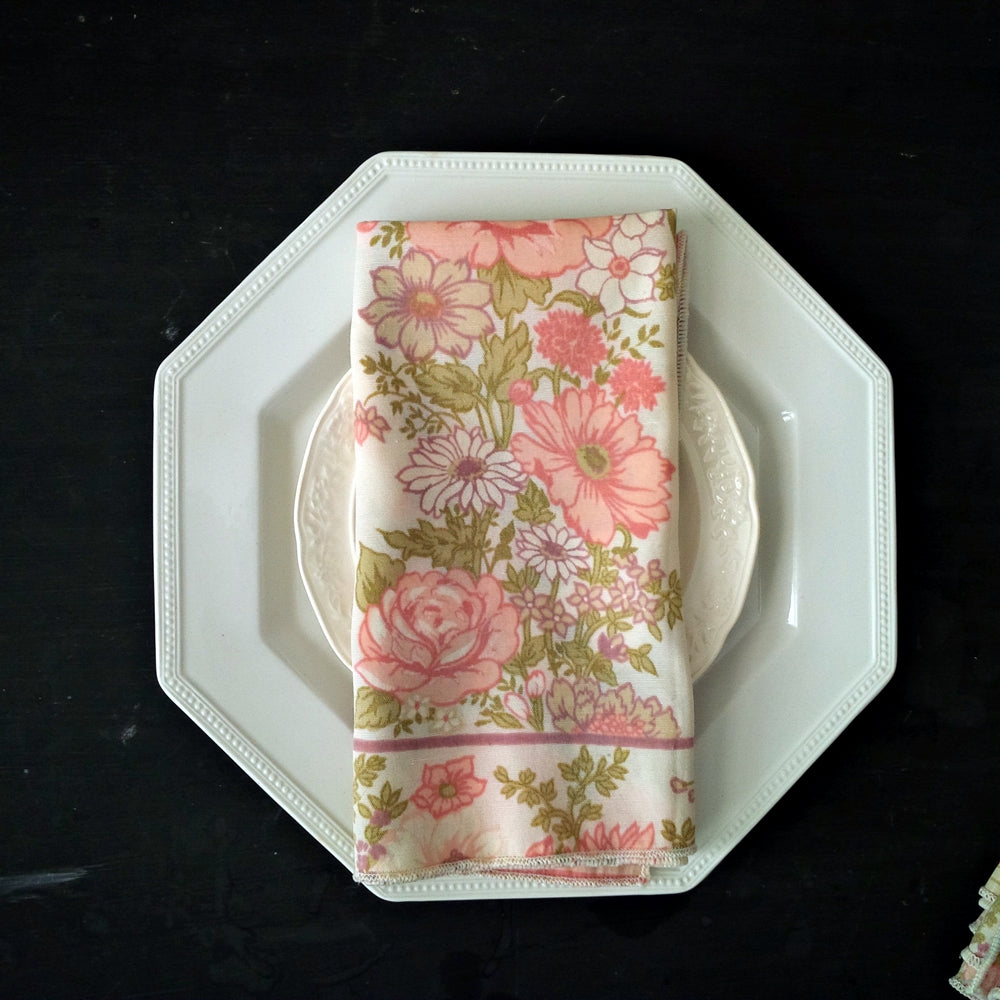 Vintage Pink Floral Cloth Napkins - Large Dinner Size, Pink, Green, Lavender Stripes & Flowers - Set of 10