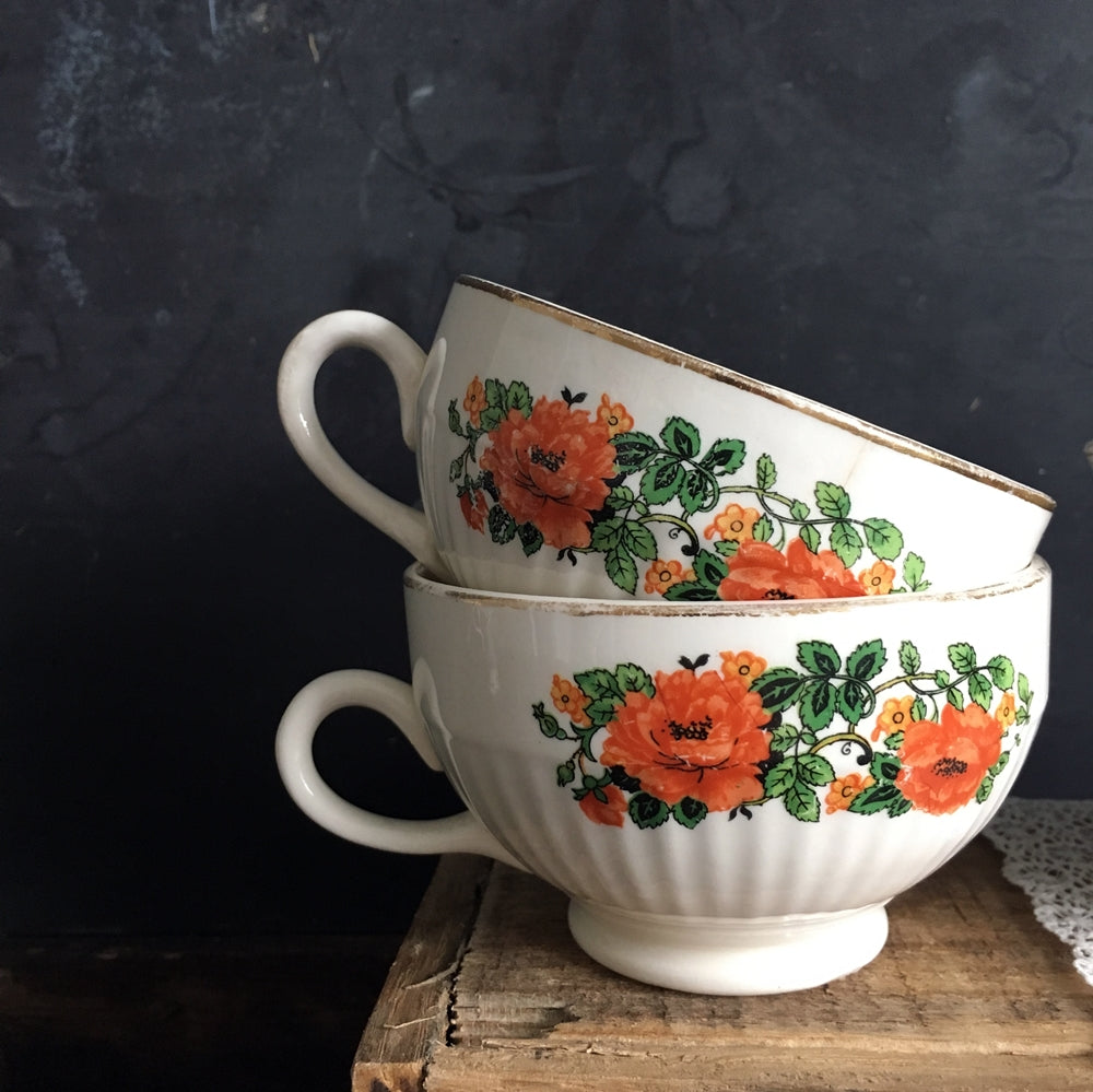 1920's Poppy Flower Teacups - National Ivory - Orange Red Poppy Floral Pattern - Set of 4