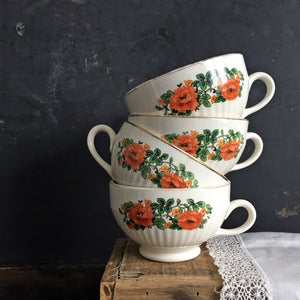 1920's Poppy Flower Teacups - National Ivory - Orange Red Poppy Floral Pattern - Set of 4