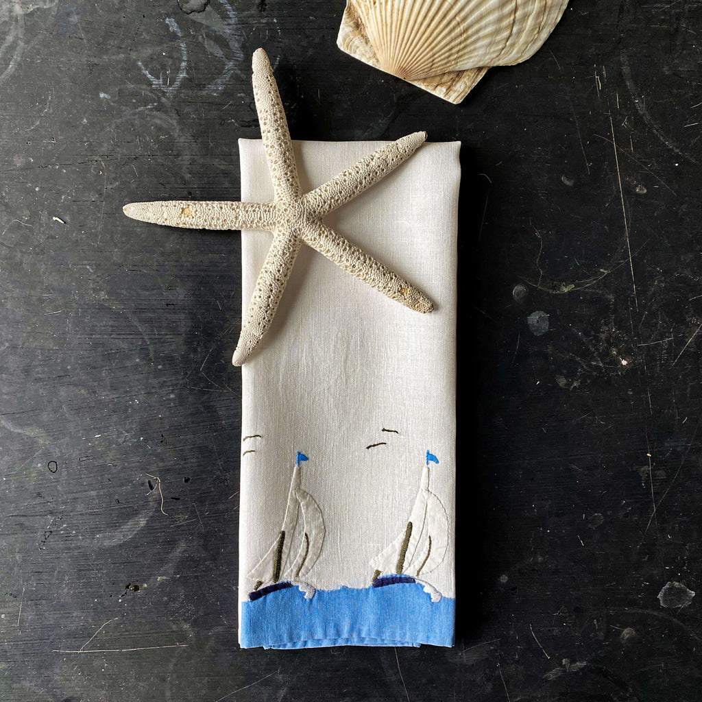 Vintage Embroidered Sailboat Tea Towel circa 1950s