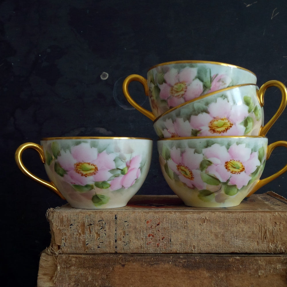 Vintage Noritake Teacups Handpainted in the 1940s - Pink Florals, Gold Handles - Set of 4
