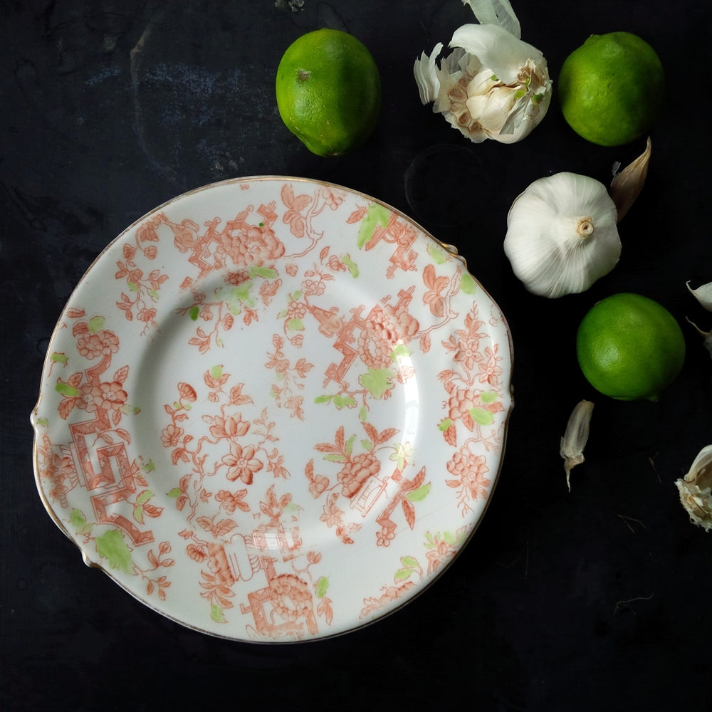 Rare Antique Orange and Green Floral Porcelain Plates - Asian Pattern - Set of Two