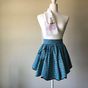 Vintage Cafe-Style Teal and Orange Apron with Stripes, Florals and a Side Pocket