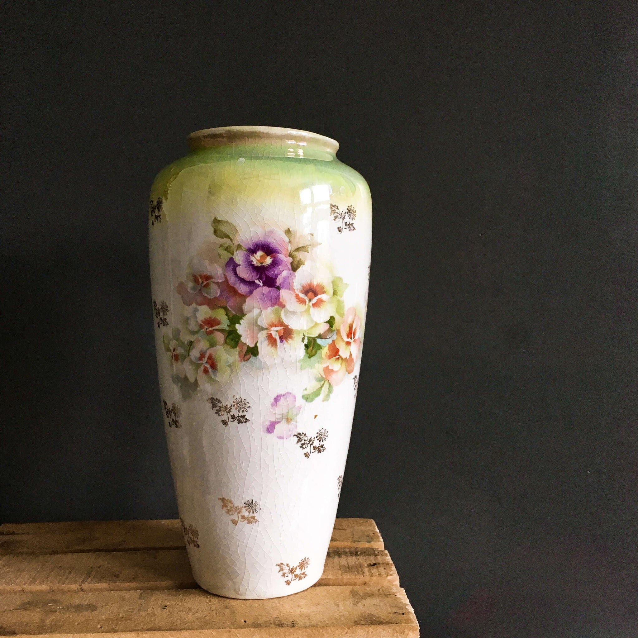 Tall Antique Lustreware Vase with Pansy Flowers and Gold Transferware
