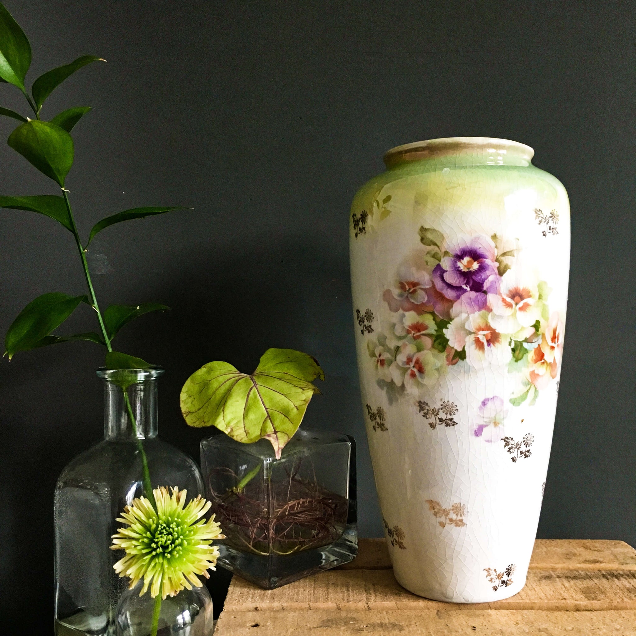 Tall Antique Lustreware Vase with Pansy Flowers and Gold Transferware