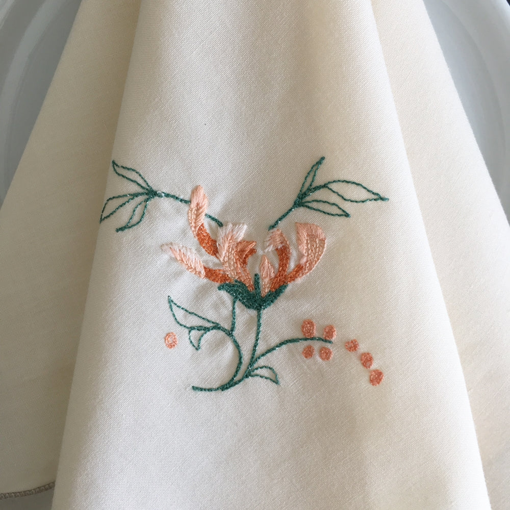 Vintage Grey and Peach Embroidered Cotton Napkins - Scalloped Edge with Floral Embroidery - Set of Two