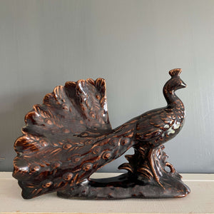 Vintage Brown Ceramic Peacock Figurine circa 1960s