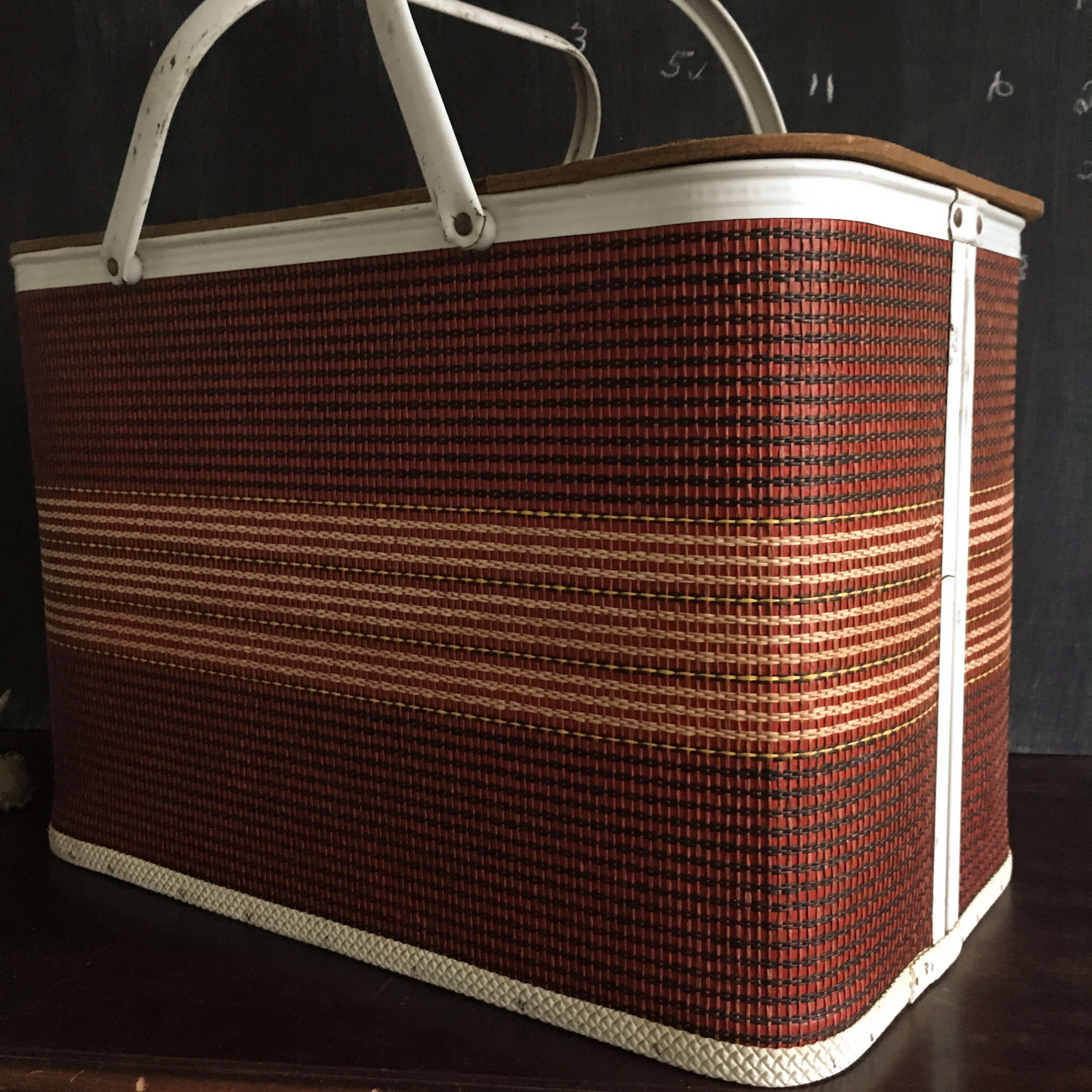 Vintage 1960s Redmon Picnic Basket - Large Red and Beige Striped Basket Loom Woven with Metal Handles
