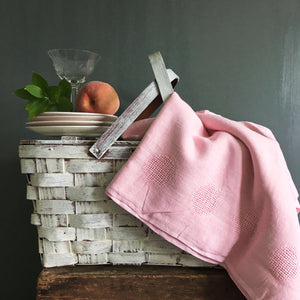 Vintage Pink Linen Hemstitched Polka Dot Tablecloth - 56 x 72