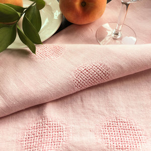 Vintage Pink Linen Hemstitched Polka Dot Tablecloth - 56 x 72