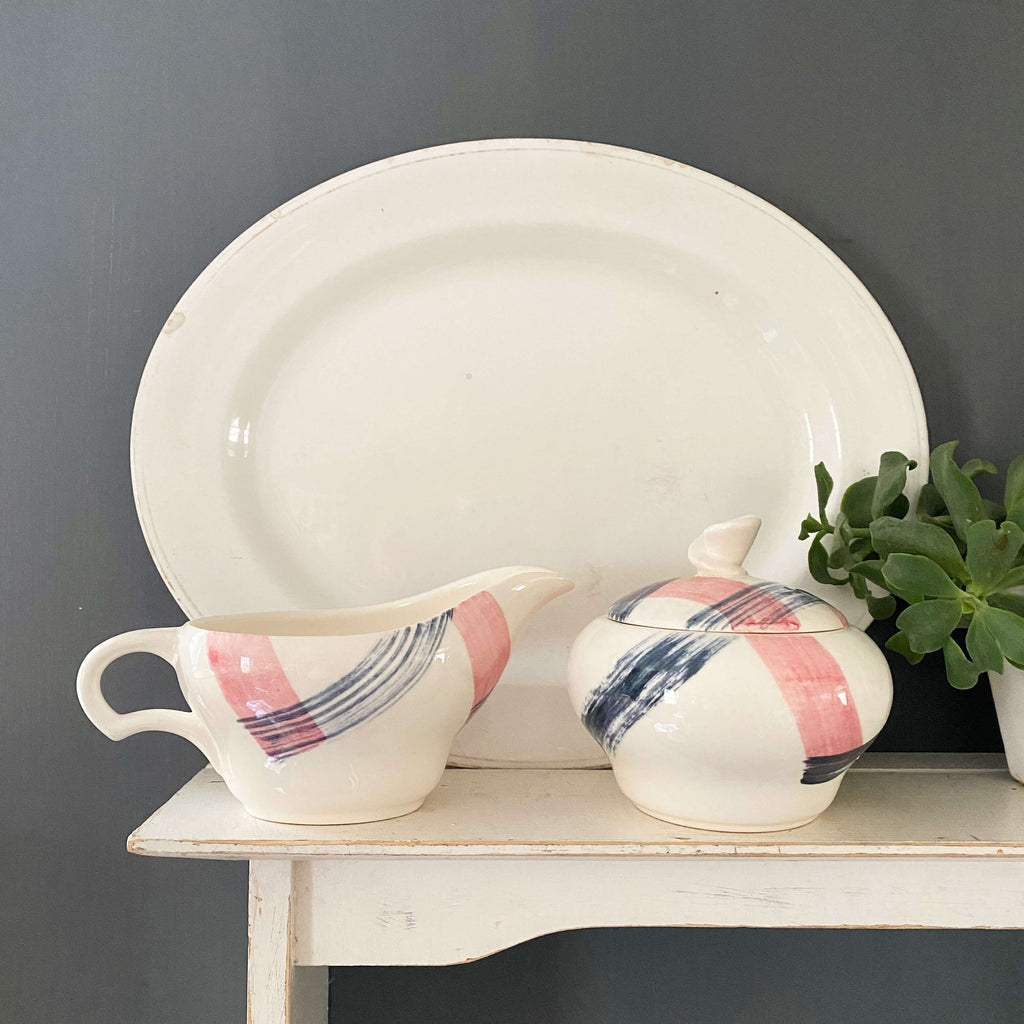 Vintage 1950's Pink Plaid Creamer & Sugar Bowl Set - Pink N' Charcoal by Stetson