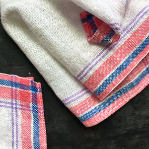 Vintage Pink  and Blue Striped Linen Napkins - Set of Four - 12x12 Square