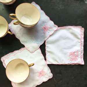 Vintage Pink and White Embroidered Cocktail Napkins - Set of 8 - Floral Embroidery