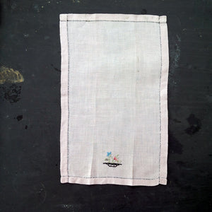 Vintage Pink Linen Napkin with Cross-Stitch Embroidery - Flower Basket Design