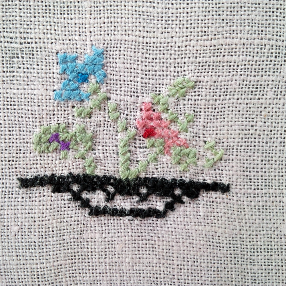 Vintage Pink Linen Napkin with Cross-Stitch Embroidery - Flower Basket Design
