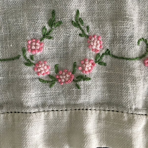 Vintage Embroidered Tea Towel - Pink Flowers Green Leaves - Linen Hemstitch