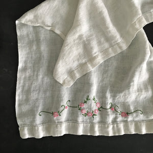 Vintage Embroidered Tea Towel - Pink Flowers Green Leaves - Linen Hemstitch