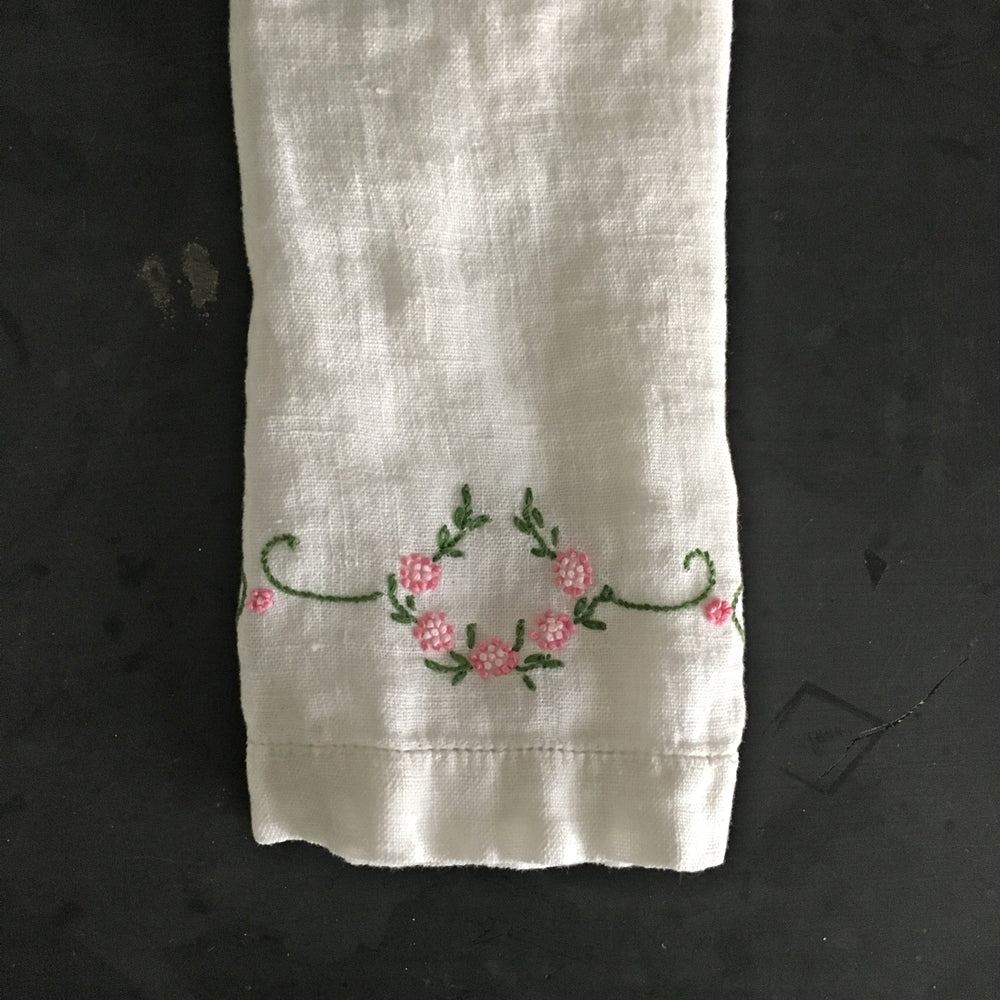 Vintage Embroidered Tea Towel - Pink Flowers Green Leaves - Linen Hemstitch