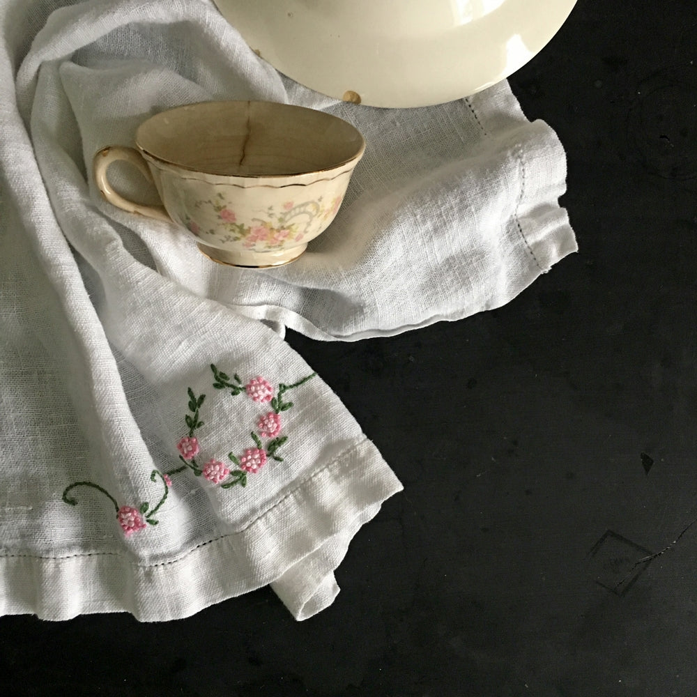 Vintage Embroidered Tea Towel - Pink Flowers Green Leaves - Linen Hemstitch