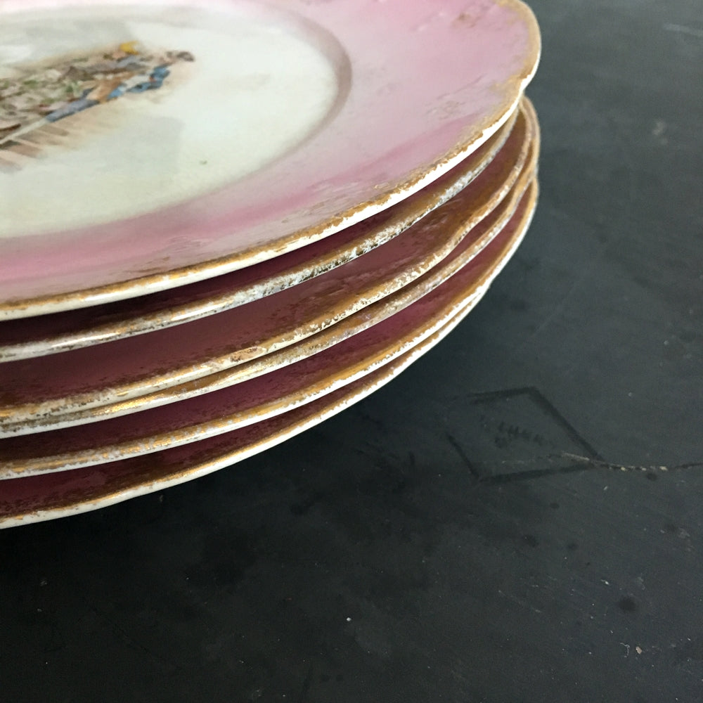 Set of Six Antique French Luncheon Plates - Rococo Portrait Couple - Pink and Gold with Embossed Edge-  Made in France