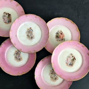 Set of Six Antique French Luncheon Plates - Rococo Portrait Couple - Pink and Gold with Embossed Edge-  Made in France