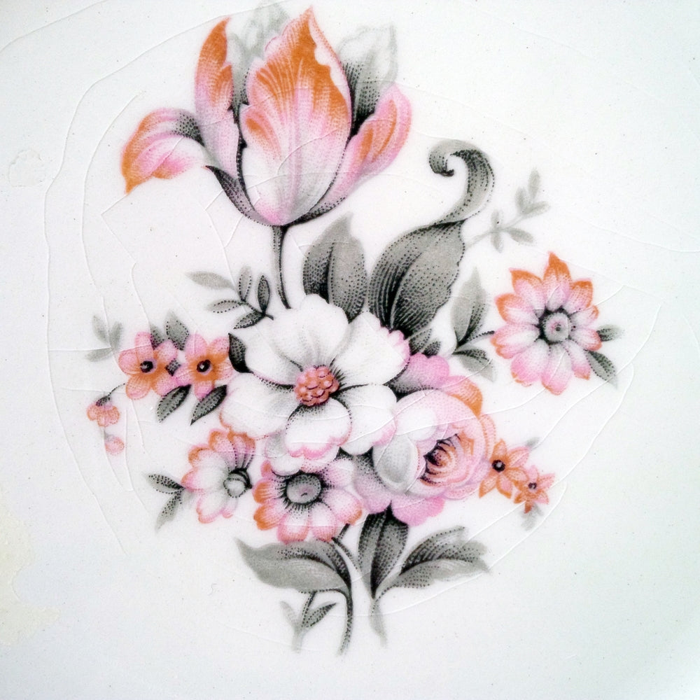 1940s Pink and Grey Floral Bread & Butter Plates - Crown Potteries USA 5 48- Made in Indiana - Set of 4