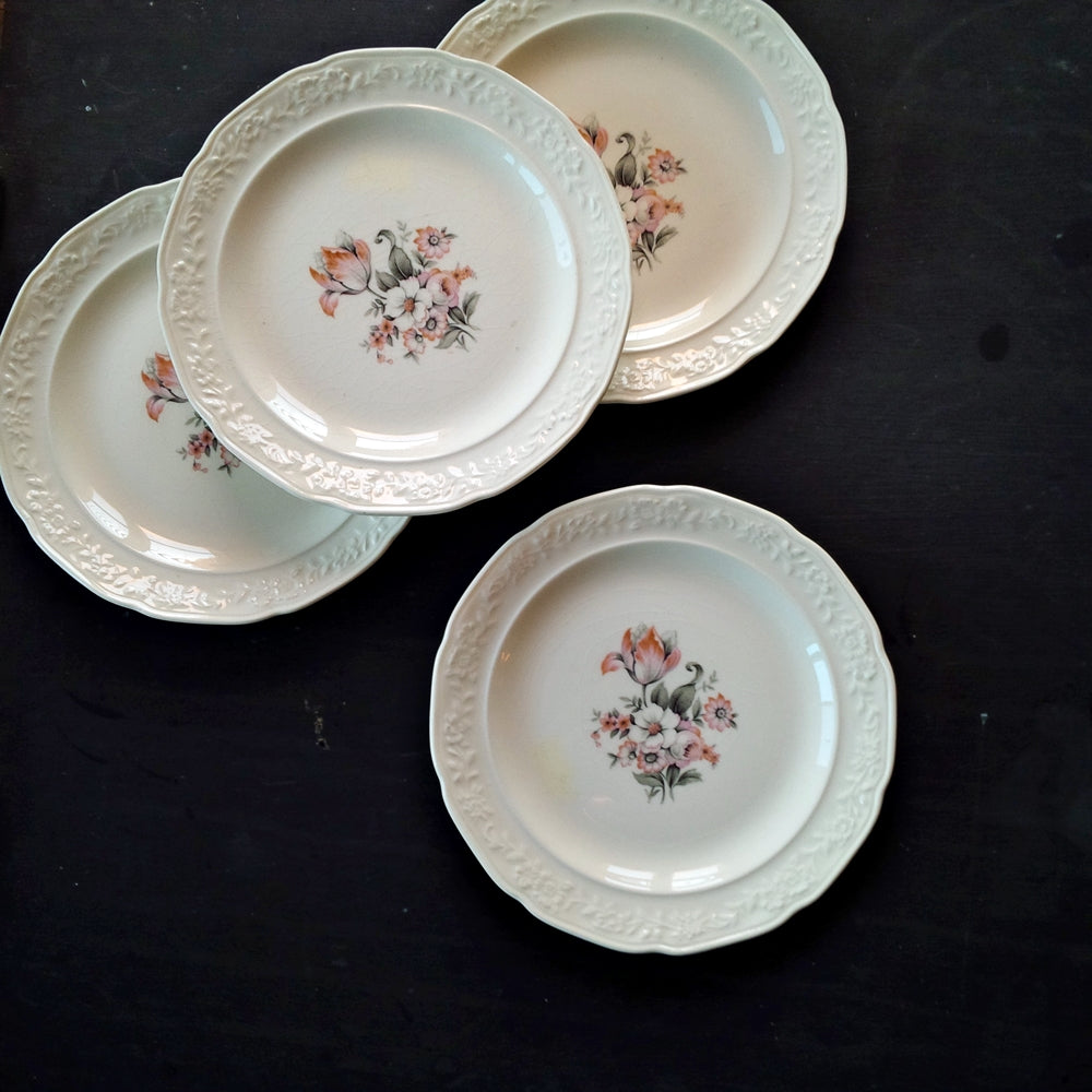 1940s Pink and Grey Floral Bread & Butter Plates - Crown Potteries USA 5 48- Made in Indiana - Set of 4