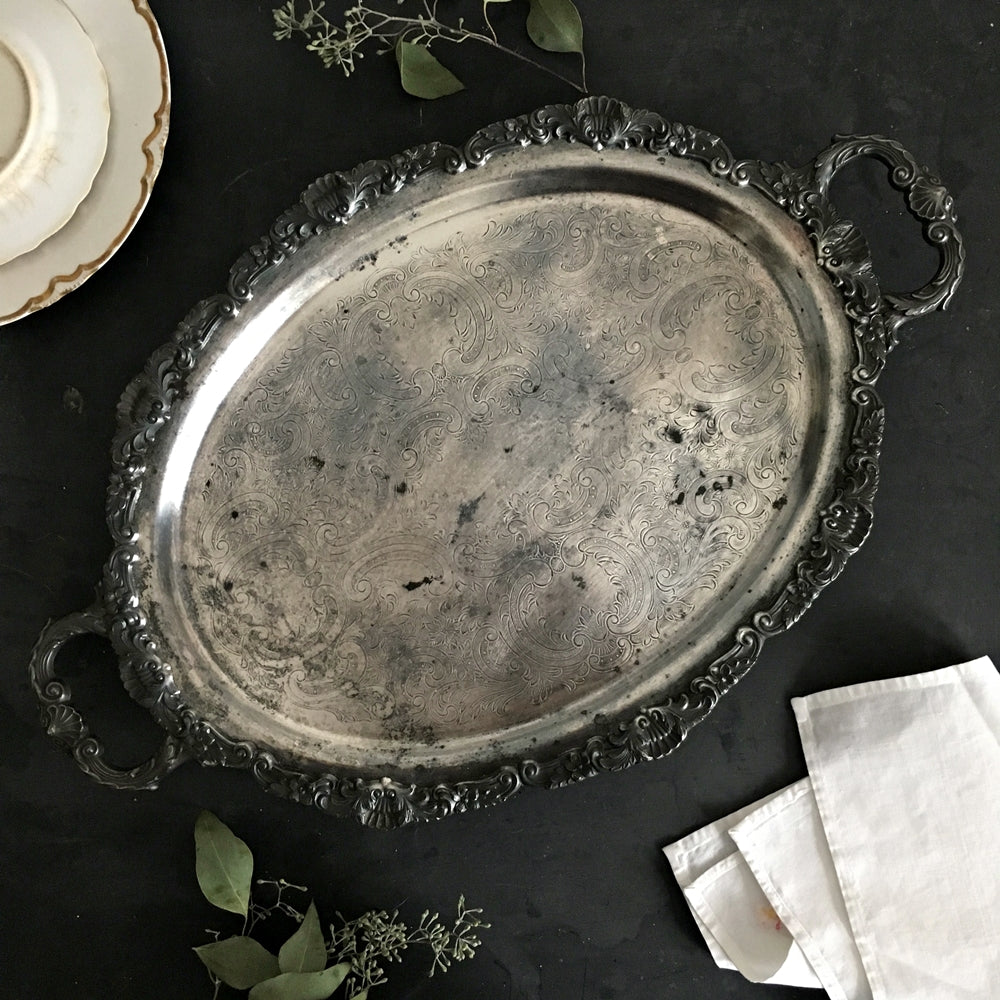 Vintage Tarnished Oval Silverplate Footed Serving Tray with Handles - Made by Bristal Poole Silver - EPCA