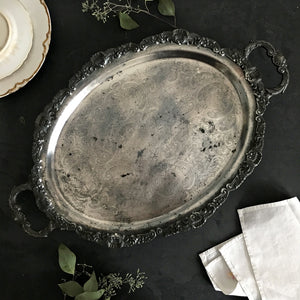 Vintage Tarnished Oval Silverplate Footed Serving Tray with Handles - Made by Bristal Poole Silver - EPCA