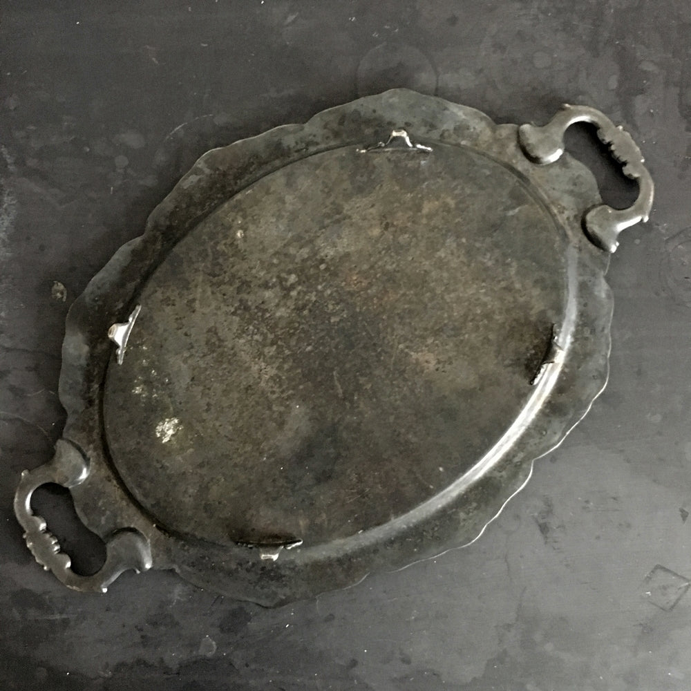 Vintage Tarnished Oval Silverplate Footed Serving Tray with Handles - Made by Bristal Poole Silver - EPCA