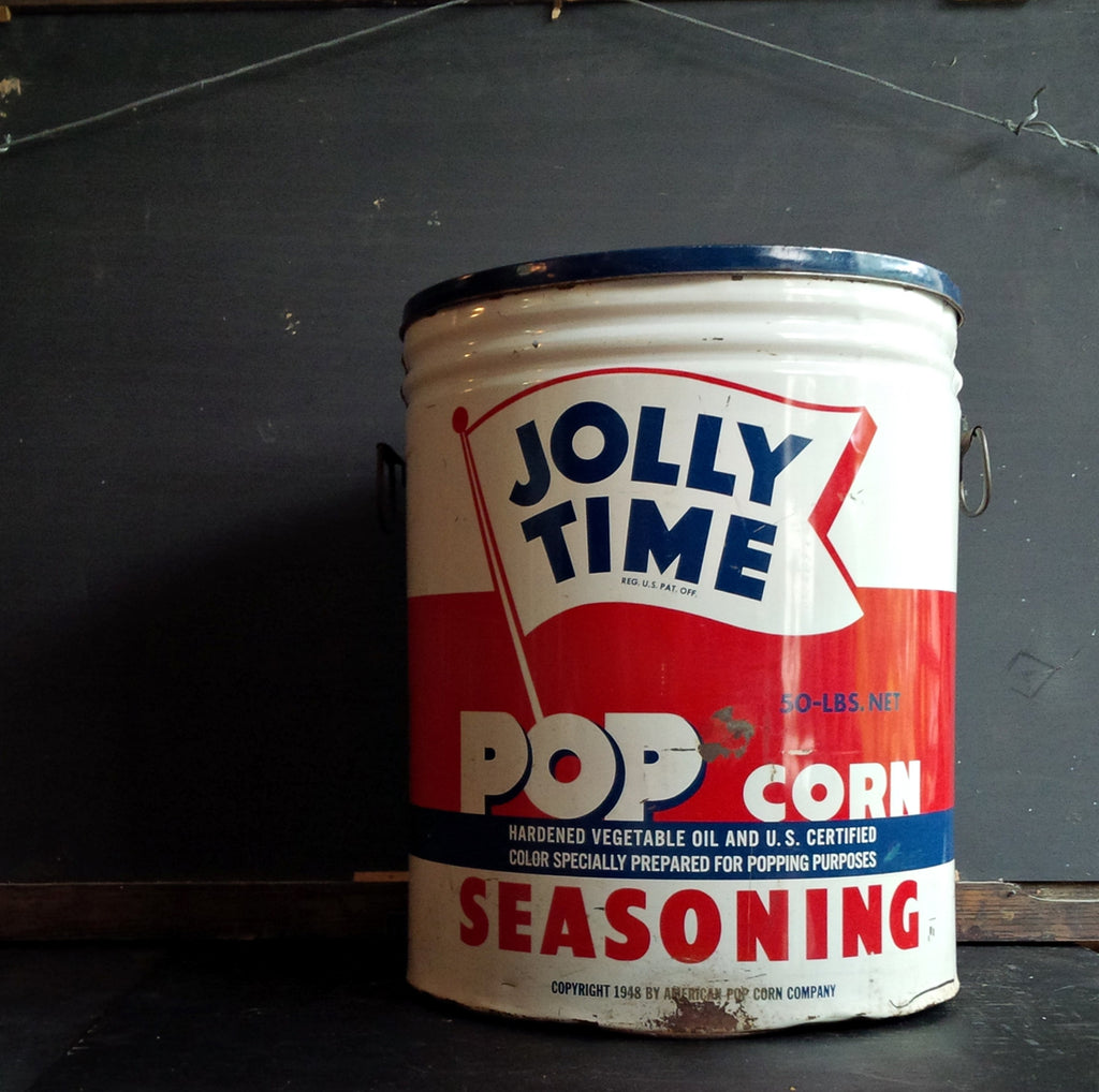 Vintage Jolly Time Popcorn Tin - 1940s Popcorn Seasoning Container 50lb Bulk