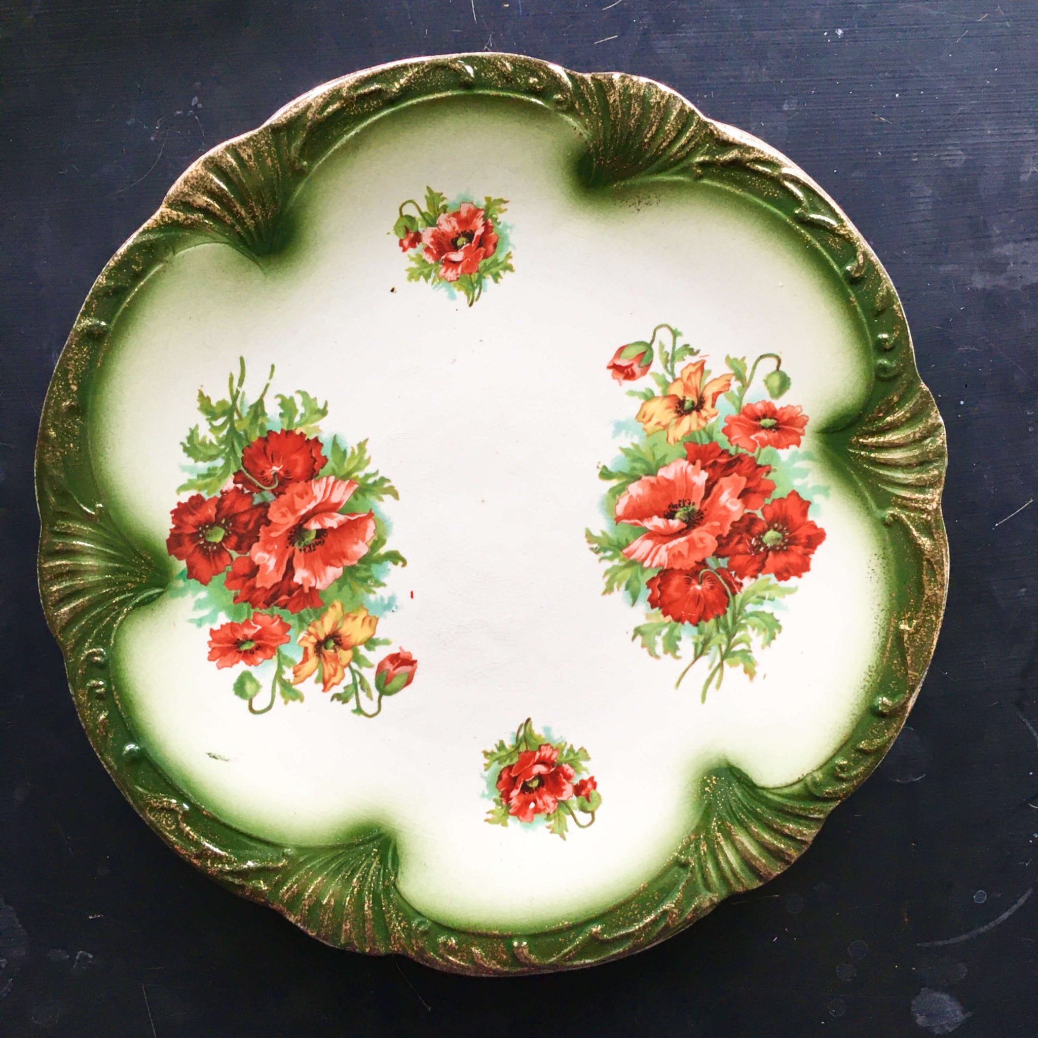 Antique Red Poppy Floral Plate with Green Scalloped Edge and Gold Spray