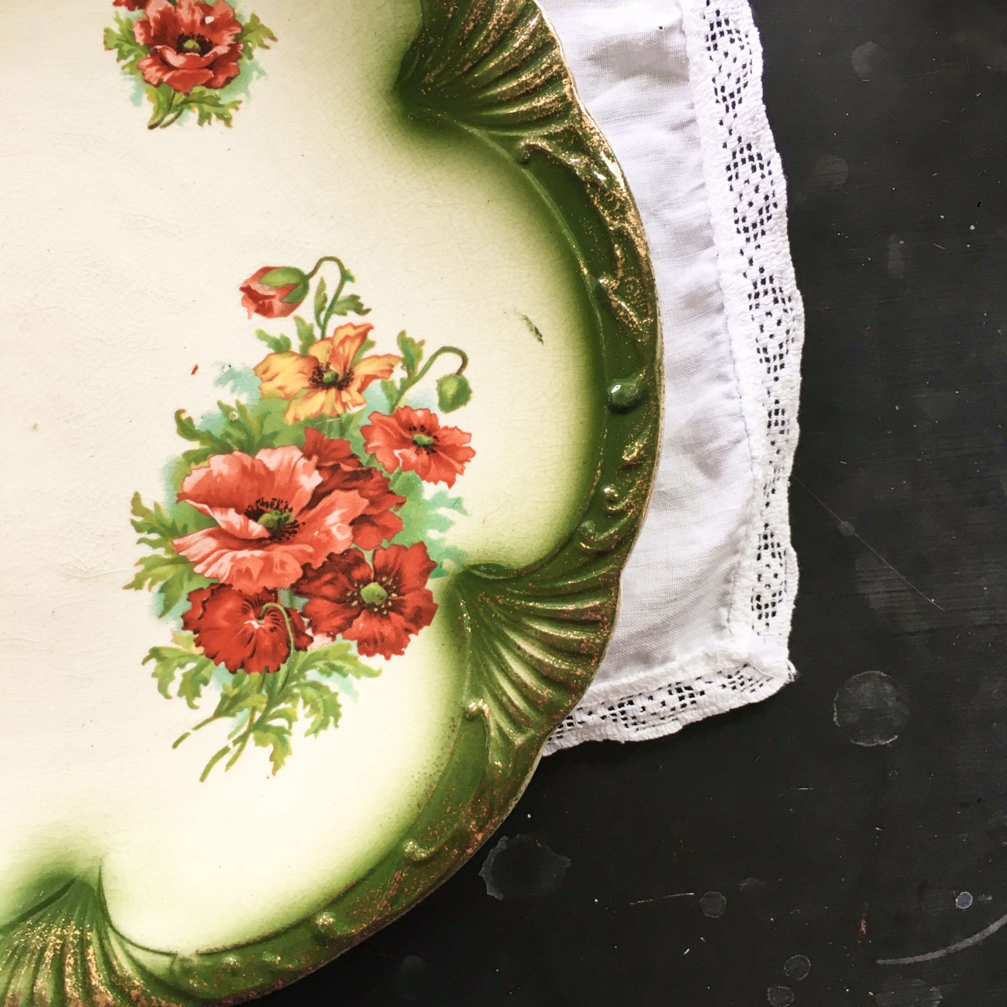 Antique Red Poppy Floral Plate with Green Scalloped Edge and Gold Spray