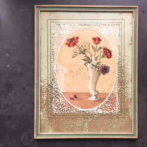 Vintage 1940s Framed Poppy Flower Art - Time Weathered Condition - Disintegrating Art