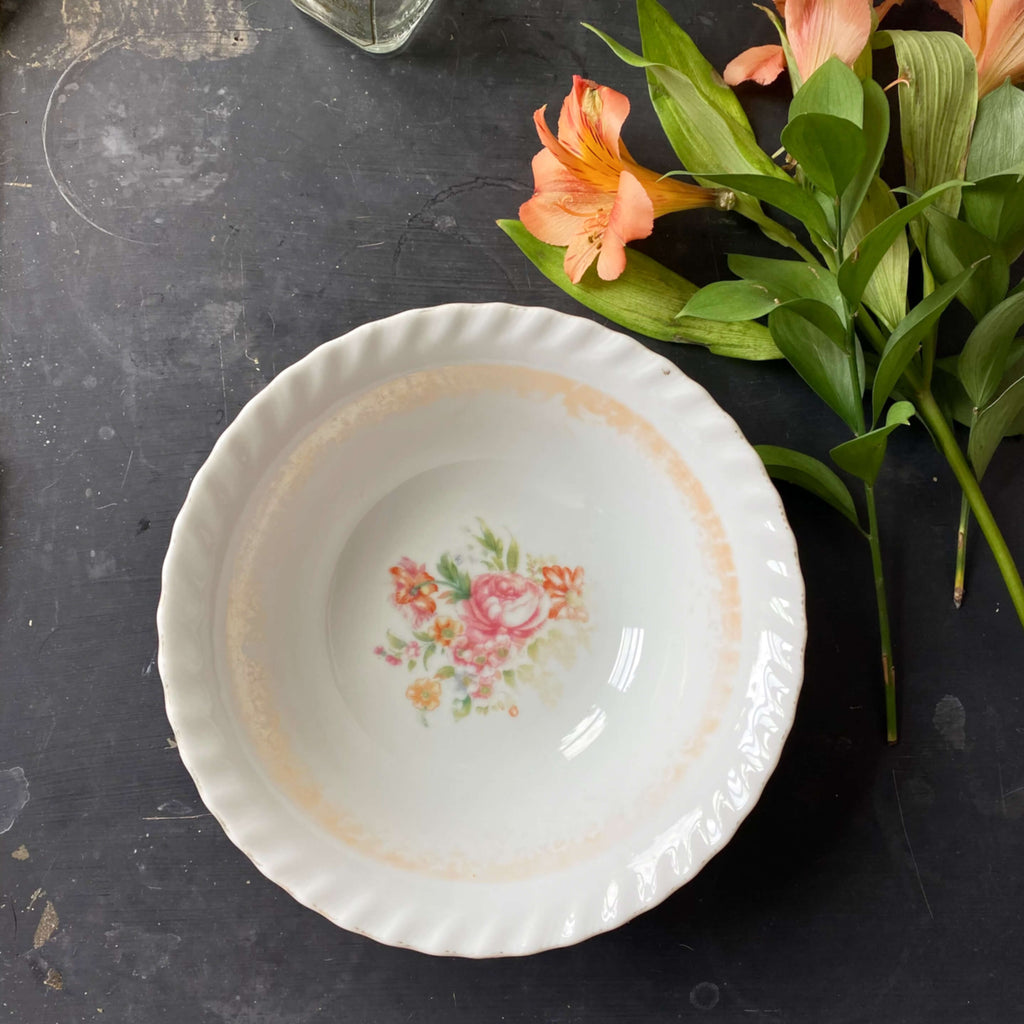 Vintage Japanese Lustreware Porcelain Bowl with Floral Center - Petite Shabby Chic Serving Bowl