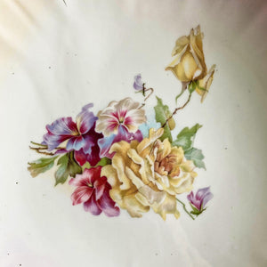 Antique Porcelain Fluted Bowl - Pink Yellow and Gold with Yellow Roses and Pansy Violas