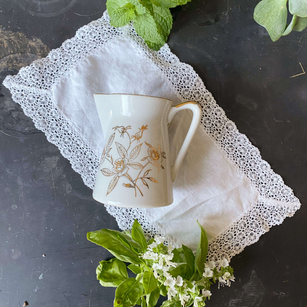 Vintage White and Gold Floral Creamer - Gold Moriage Style Porcelain