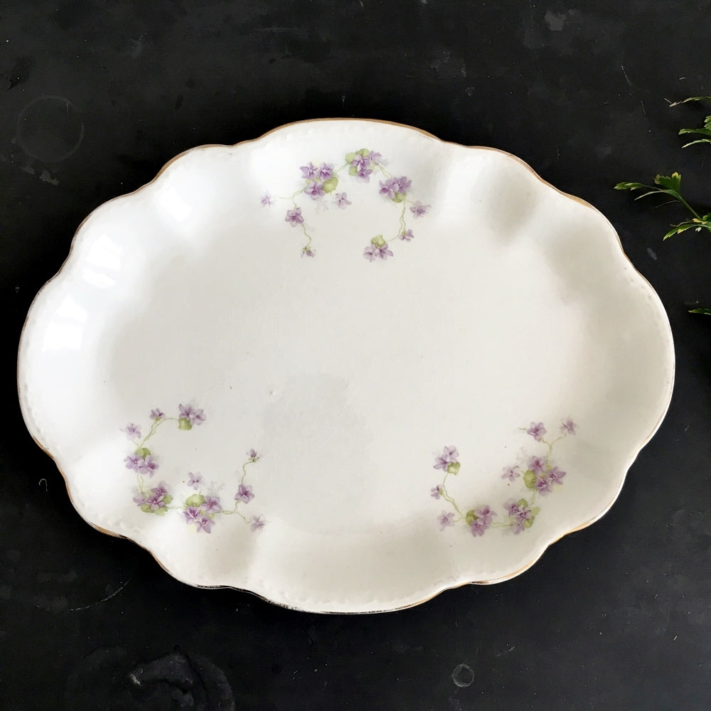 Antique Floral Fluted Platter with Violets - Lavender Purple Flowers, Green Leaves and Fluted Rim