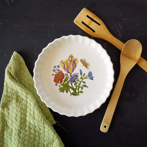 Vintage Floral Ceramic Quiche, Tart, Pie Dish - Made in England - White Baking Dish