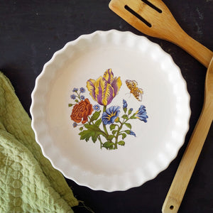 Vintage Floral Ceramic Quiche, Tart, Pie Dish - Made in England - White Baking Dish