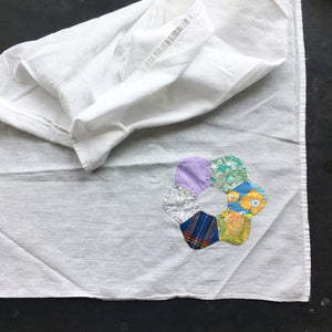 Vintage Kitchen Towel with Hand Stitched Quilt Flower - 36x22 - Rustic Kitchen Linen